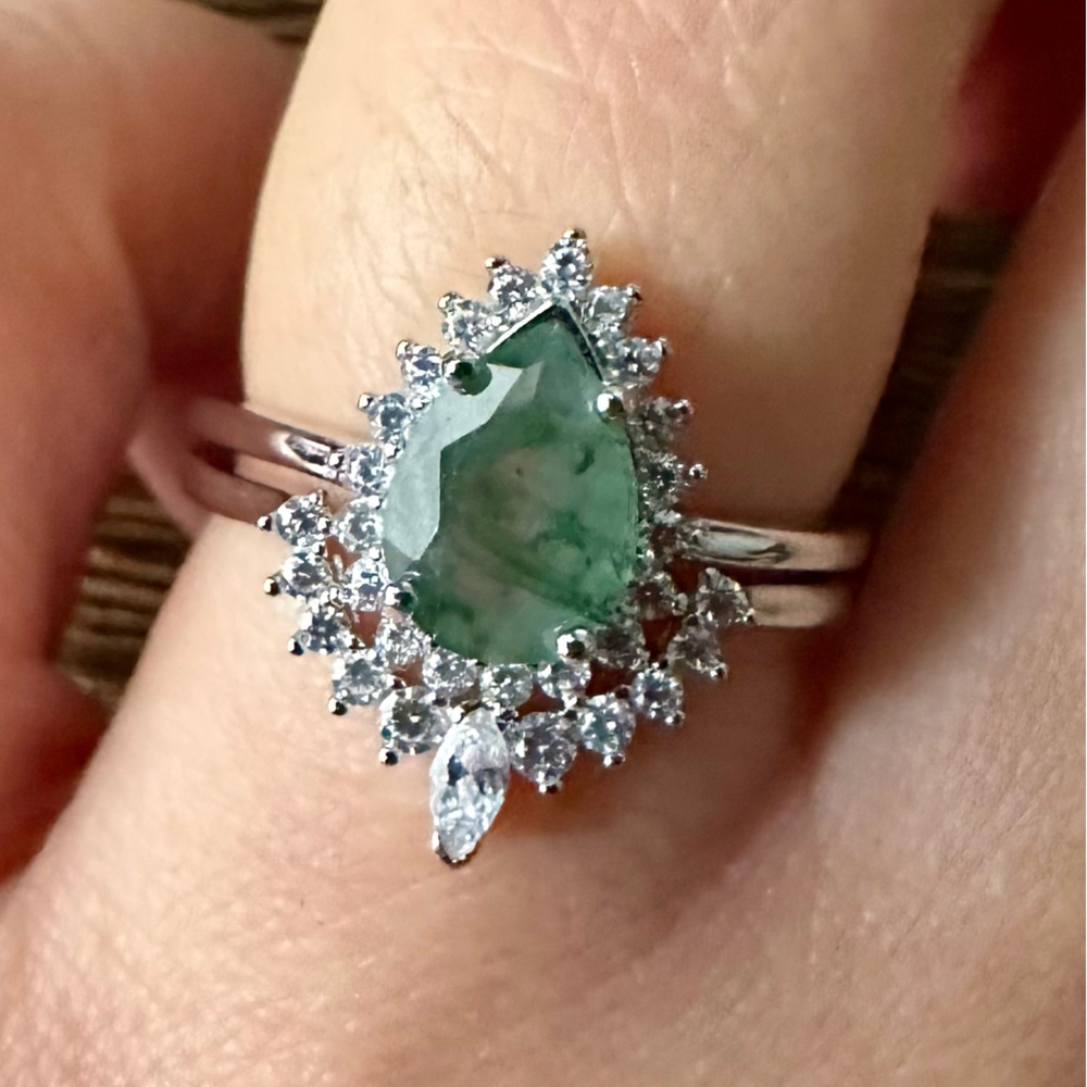 Green Moss Agate Pear Quartz Sterling Silver 925  Ring Set Stack Size 5 6 7 8 9